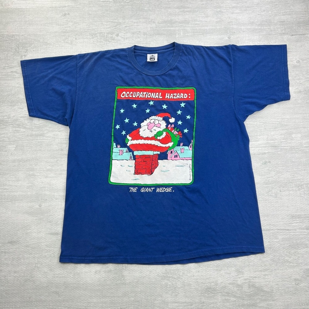 Vintage 90s The Giant Wedgie Santa Shirt Size XXL Blue Christmas Holiday Funny